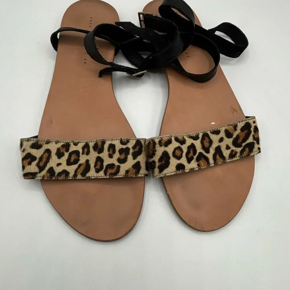ZARA FLAT LEATHER SANDALS WITH LEOPARD PRINT STRAP SIZE 40 US 10 - Picture 6 of 8